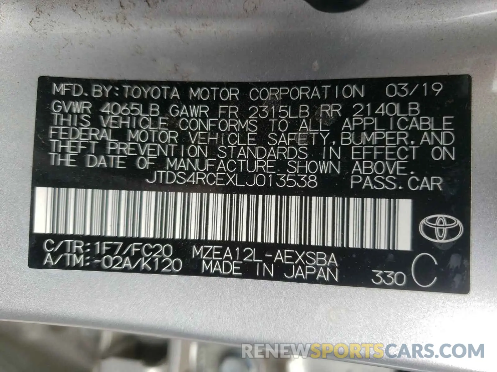10 fotografías del automóvil dañado JTDS4RCEXLJ013538 TOYOTA COROLLA 2020