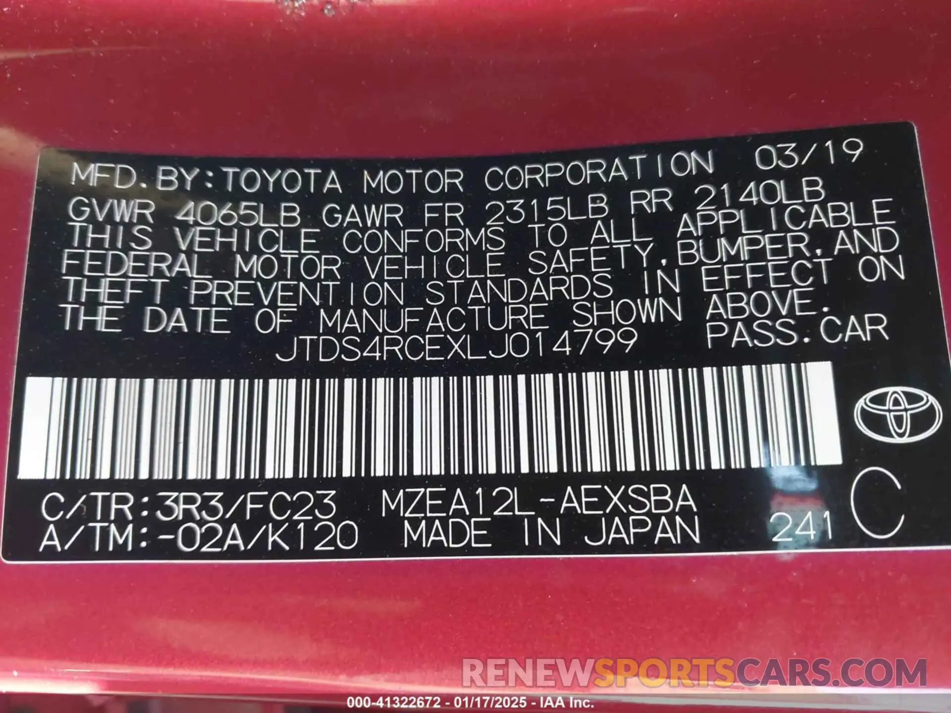 9 fotografías del automóvil dañado JTDS4RCEXLJ014799 TOYOTA COROLLA 2020