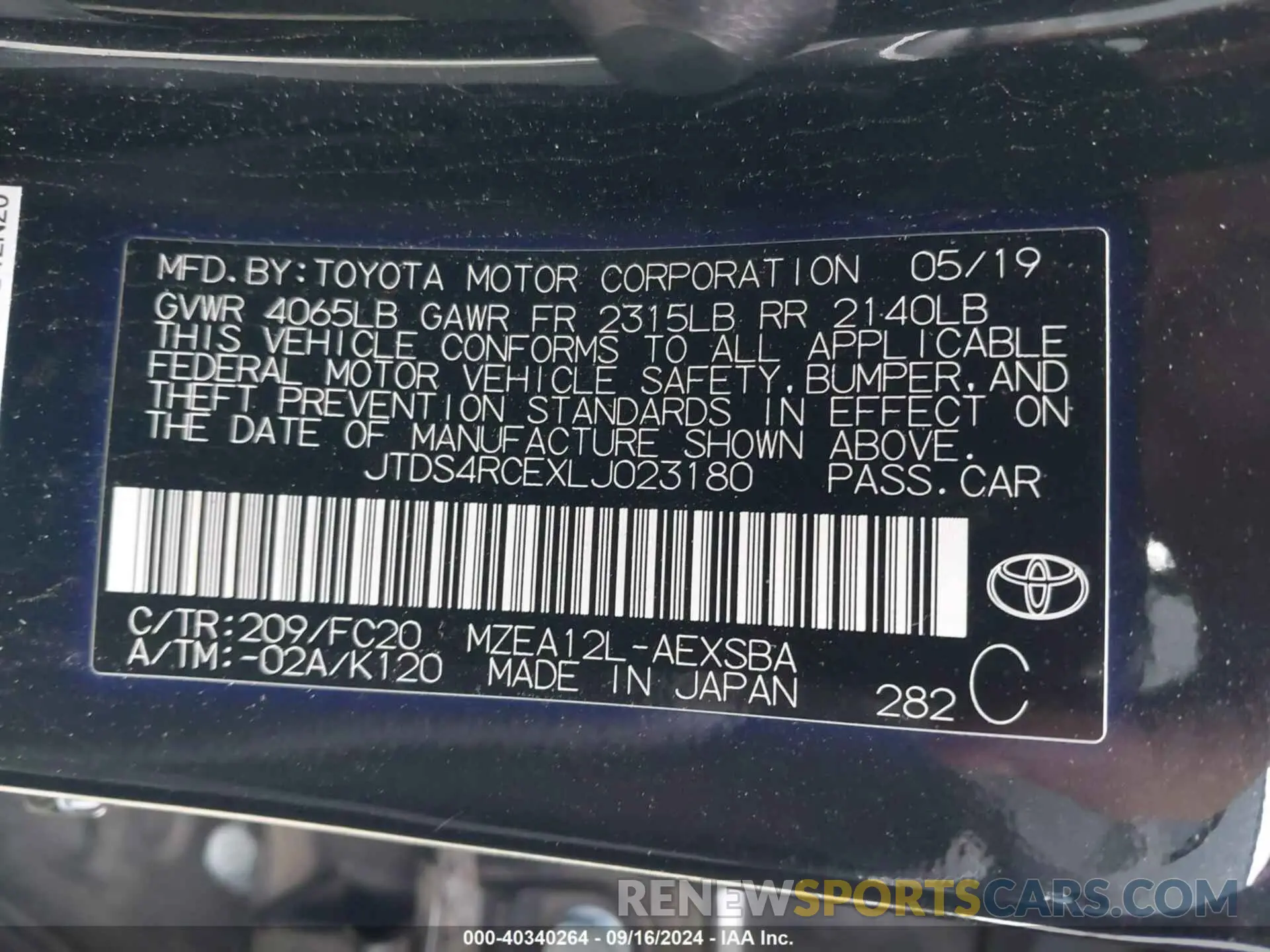 9 fotografías del automóvil dañado JTDS4RCEXLJ023180 TOYOTA COROLLA 2020
