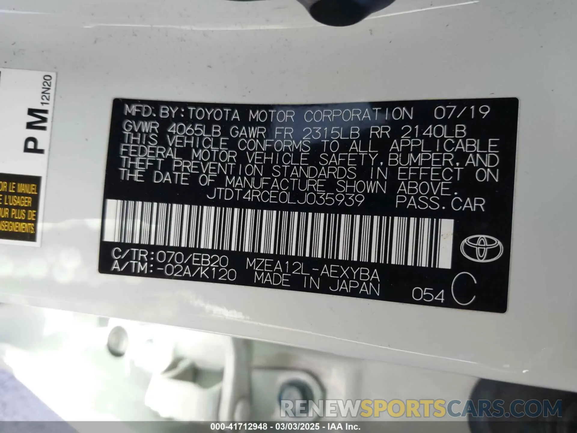 9 fotografías del automóvil dañado JTDT4RCE0LJ035939 TOYOTA COROLLA 2020