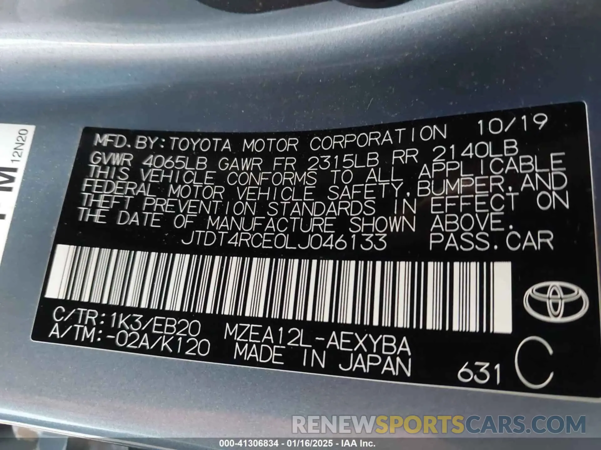 9 fotografías del automóvil dañado JTDT4RCE0LJ046133 TOYOTA COROLLA 2020