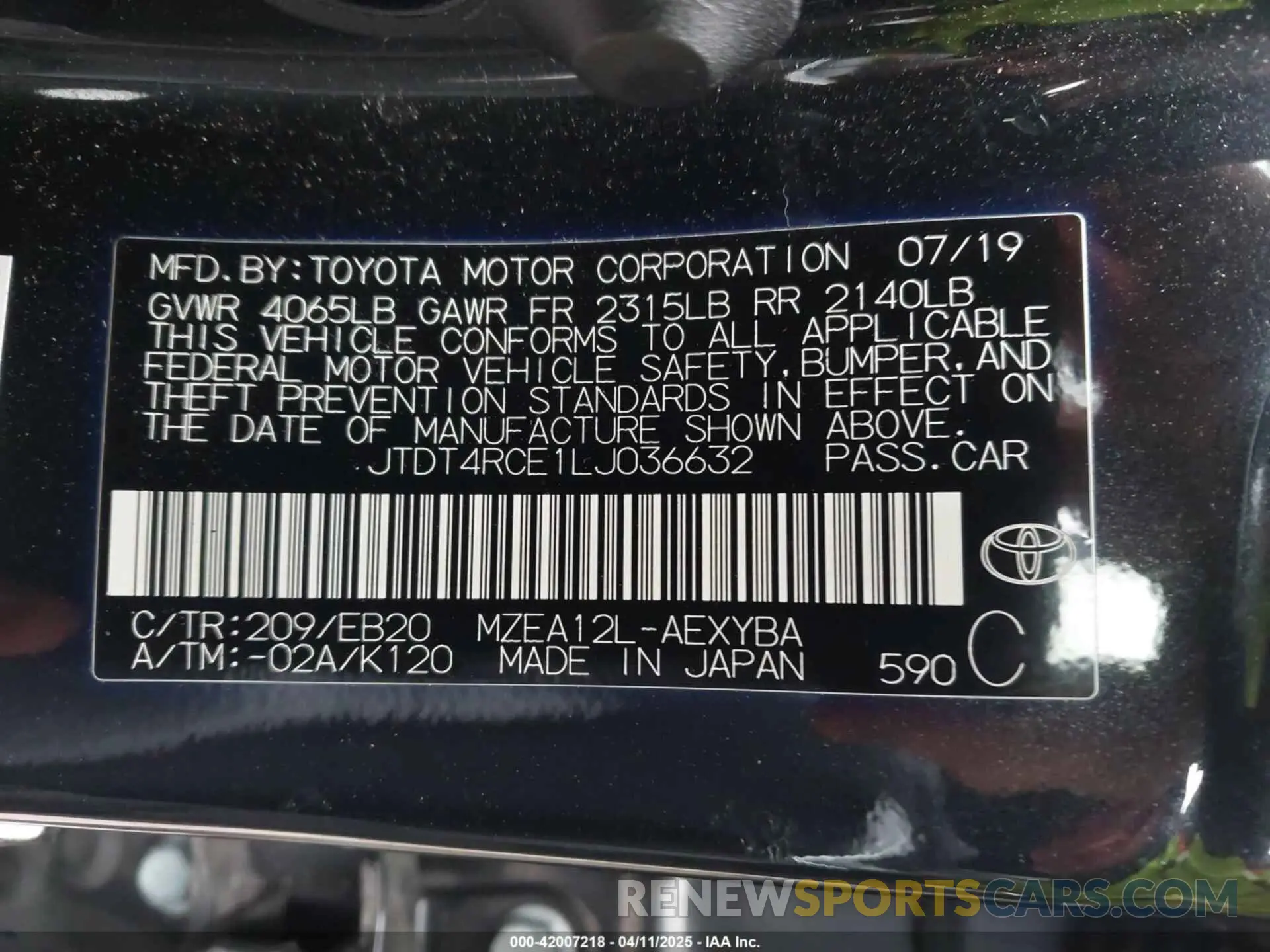 9 fotografías del automóvil dañado JTDT4RCE1LJ036632 TOYOTA COROLLA 2020