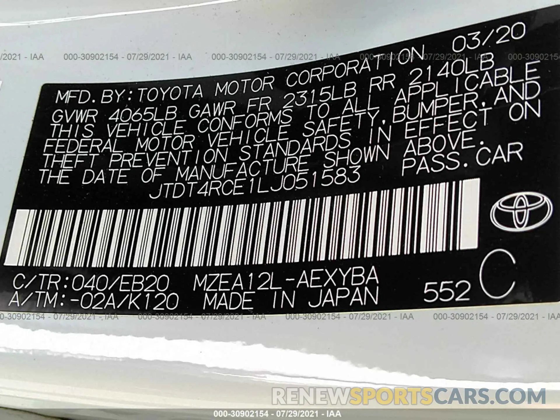 9 fotografías del automóvil dañado JTDT4RCE1LJ051583 TOYOTA COROLLA 2020