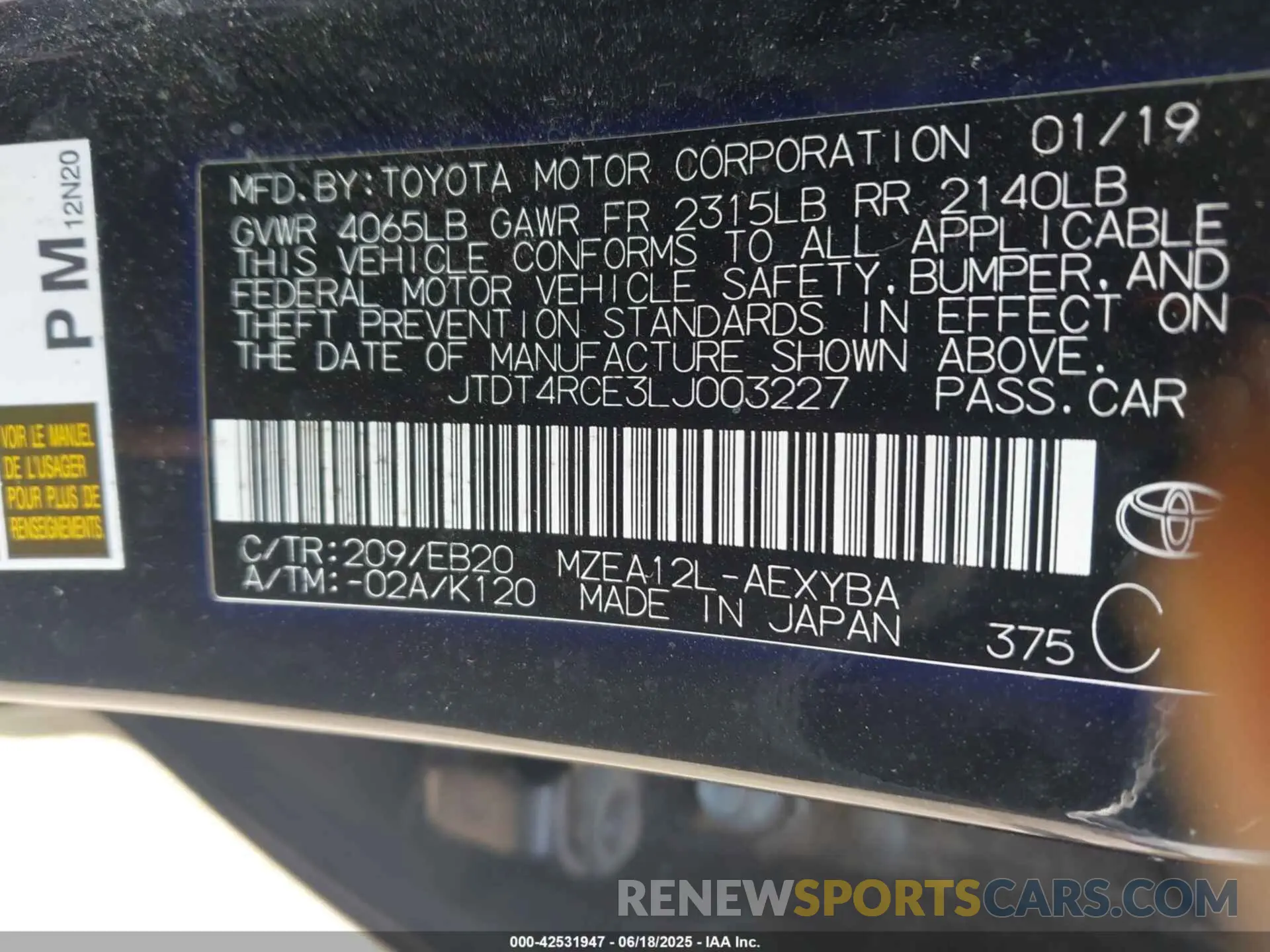 9 fotografías del automóvil dañado JTDT4RCE3LJ003227 TOYOTA COROLLA 2020