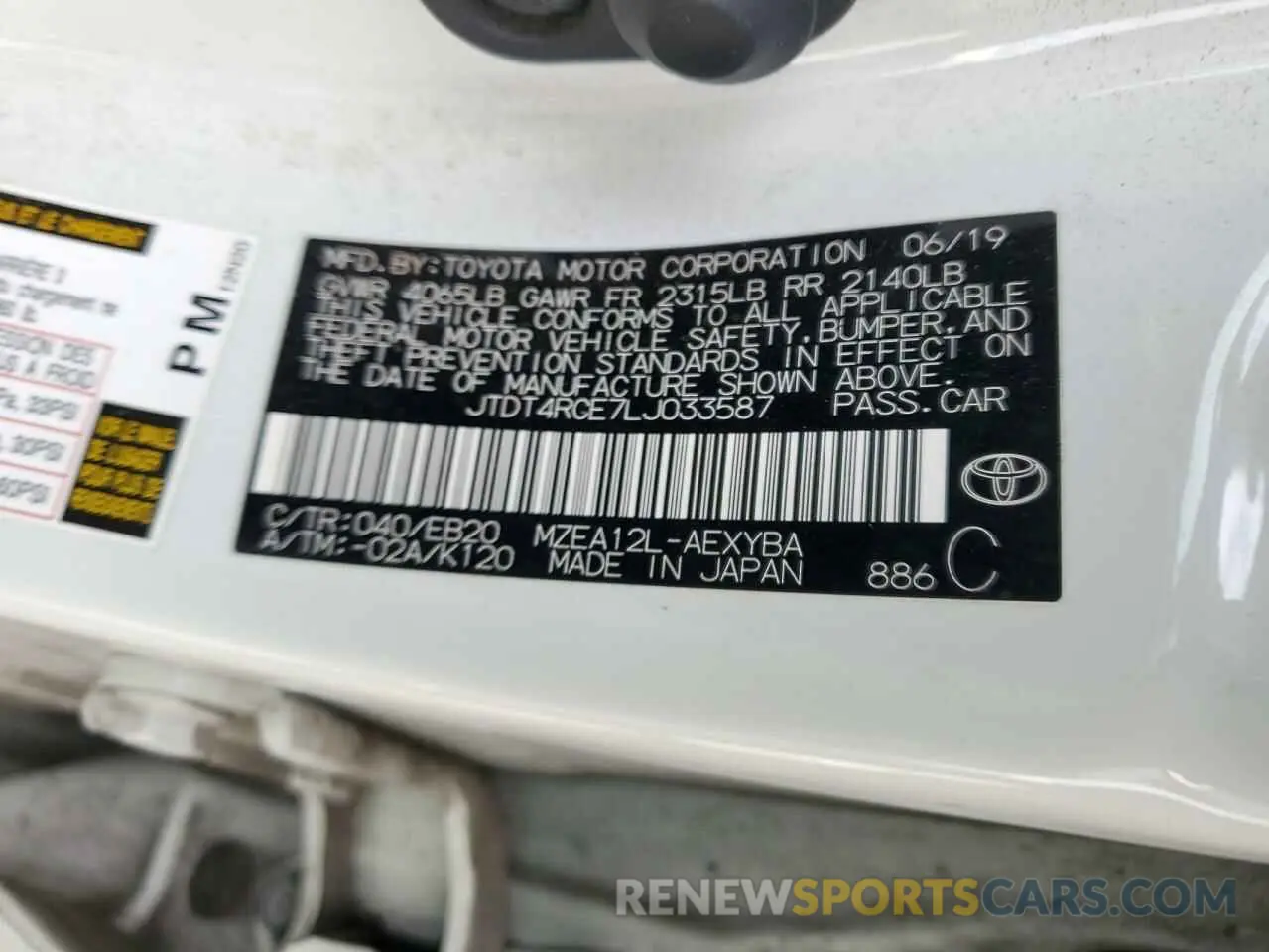 13 fotografías del automóvil dañado JTDT4RCE7LJ033587 TOYOTA COROLLA 2020
