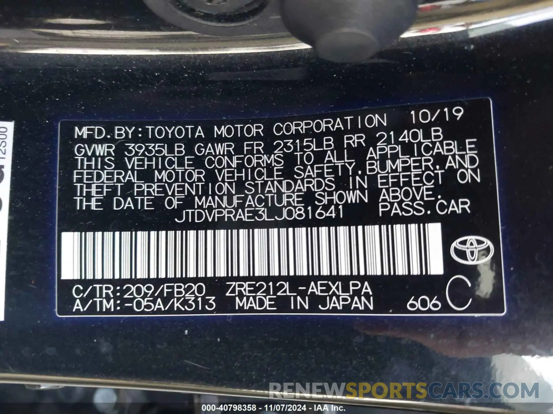 9 fotografías del automóvil dañado JTDVPRAE3LJ081641 TOYOTA COROLLA 2020