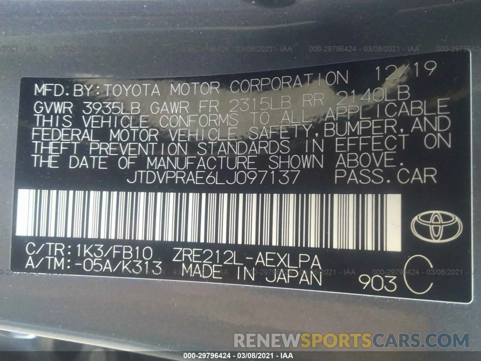 9 fotografías del automóvil dañado JTDVPRAE6LJ097137 TOYOTA COROLLA 2020