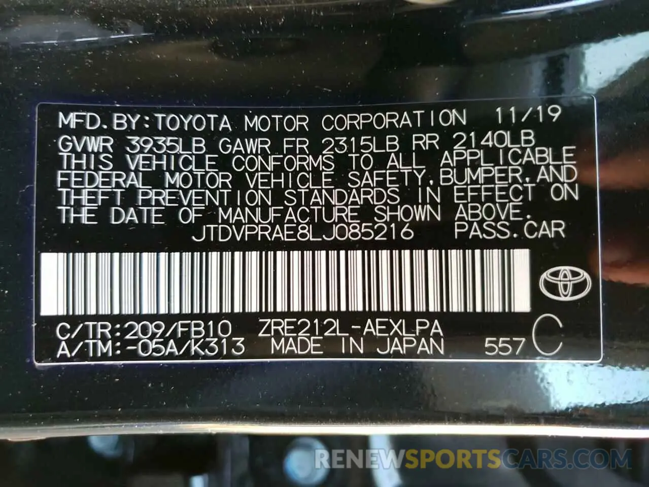 10 fotografías del automóvil dañado JTDVPRAE8LJ085216 TOYOTA COROLLA 2020