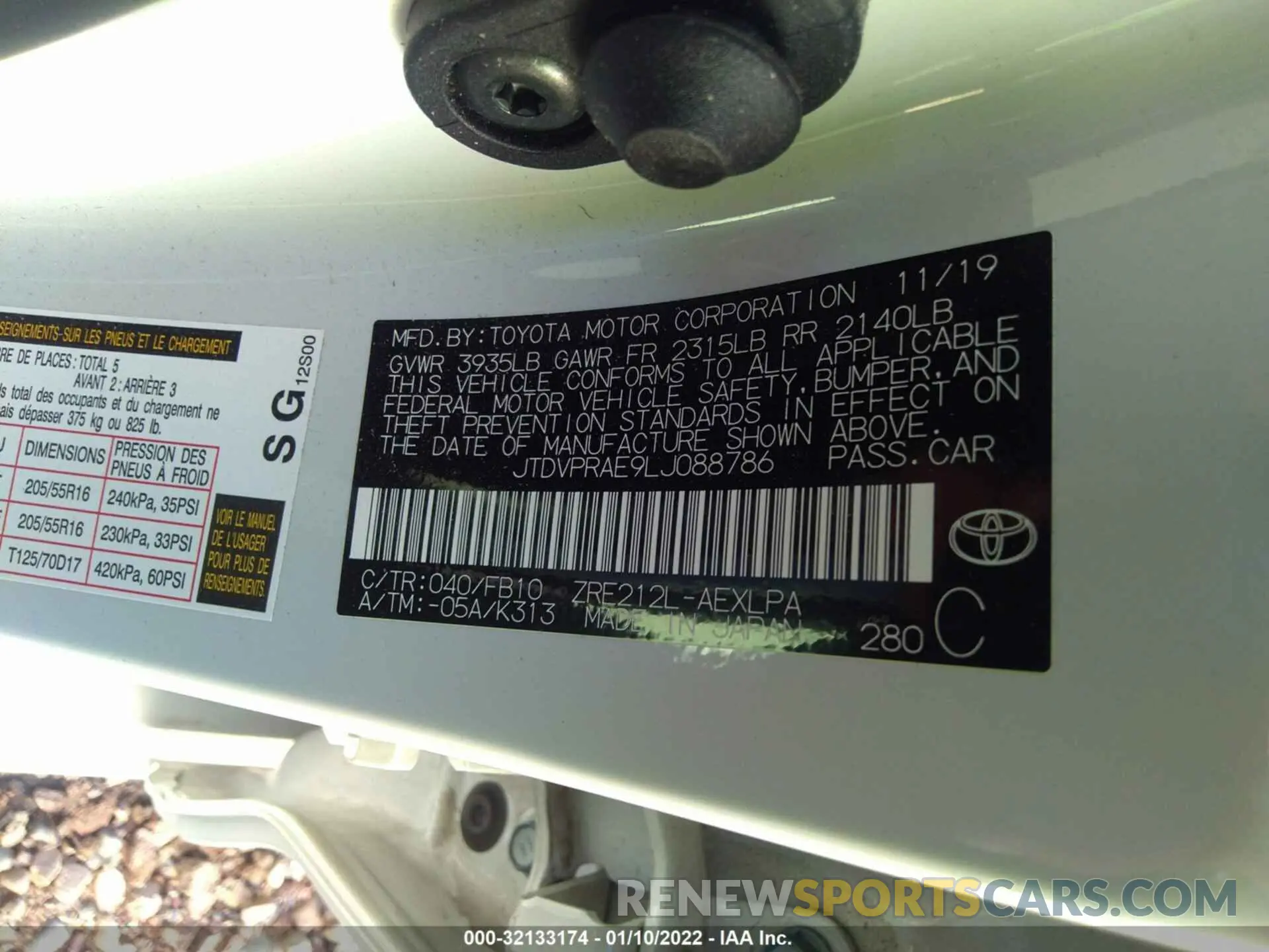 9 fotografías del automóvil dañado JTDVPRAE9LJ088786 TOYOTA COROLLA 2020