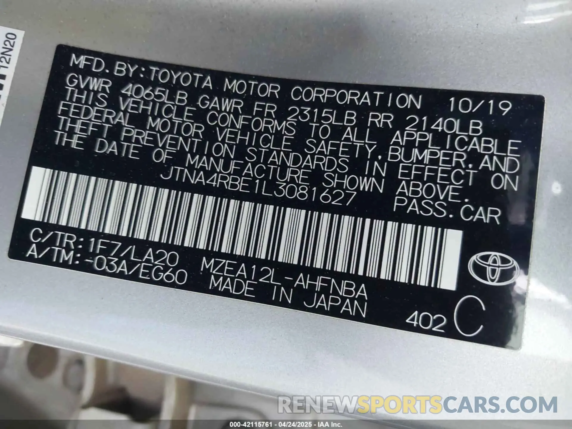 9 fotografías del automóvil dañado JTNA4RBE1L3081627 TOYOTA COROLLA 2020
