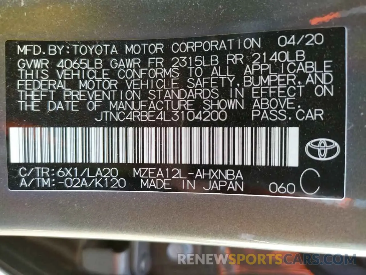 10 fotografías del automóvil dañado JTNC4RBE4L3104200 TOYOTA COROLLA 2020