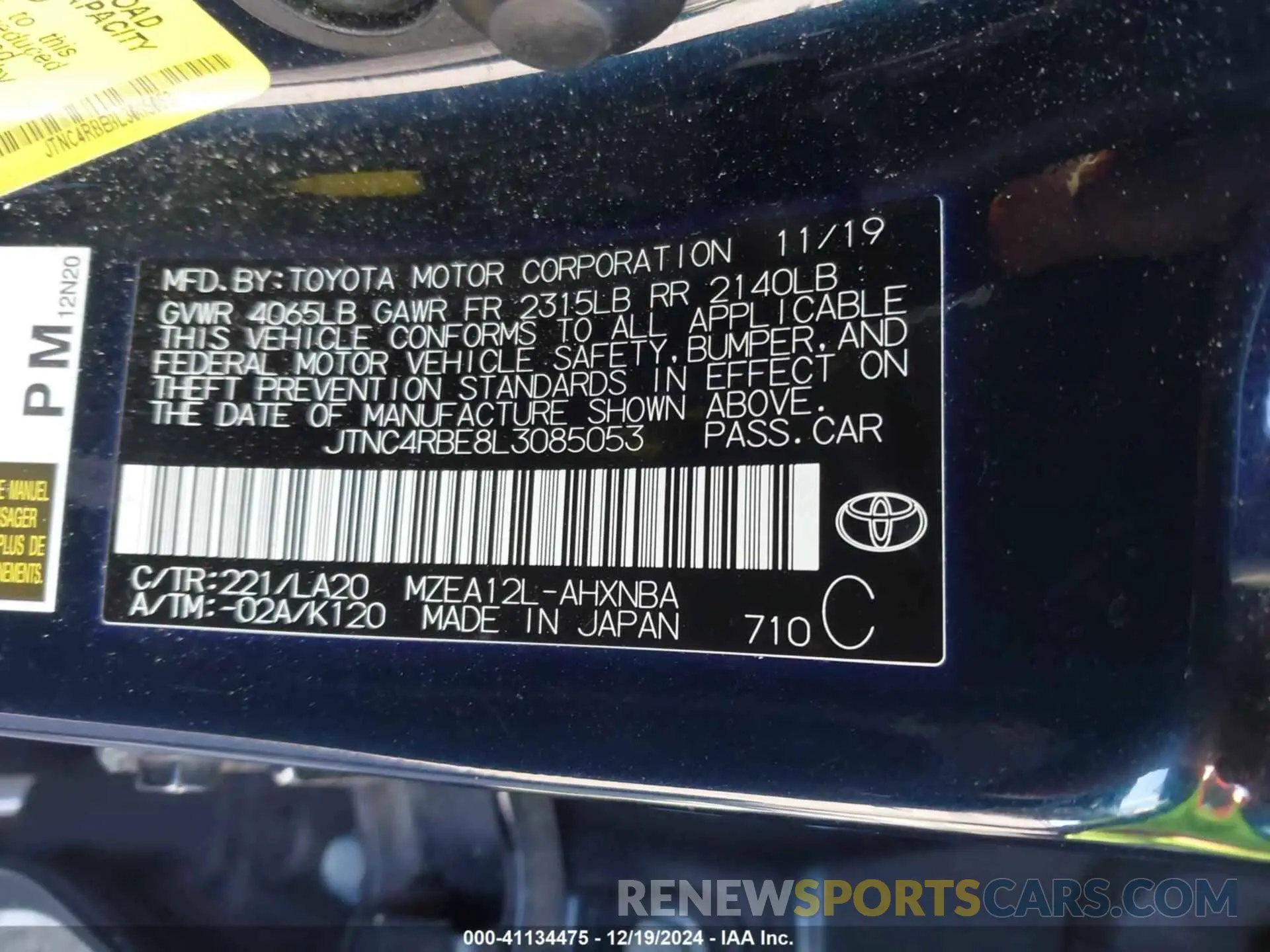 9 fotografías del automóvil dañado JTNC4RBE8L3085053 TOYOTA COROLLA 2020