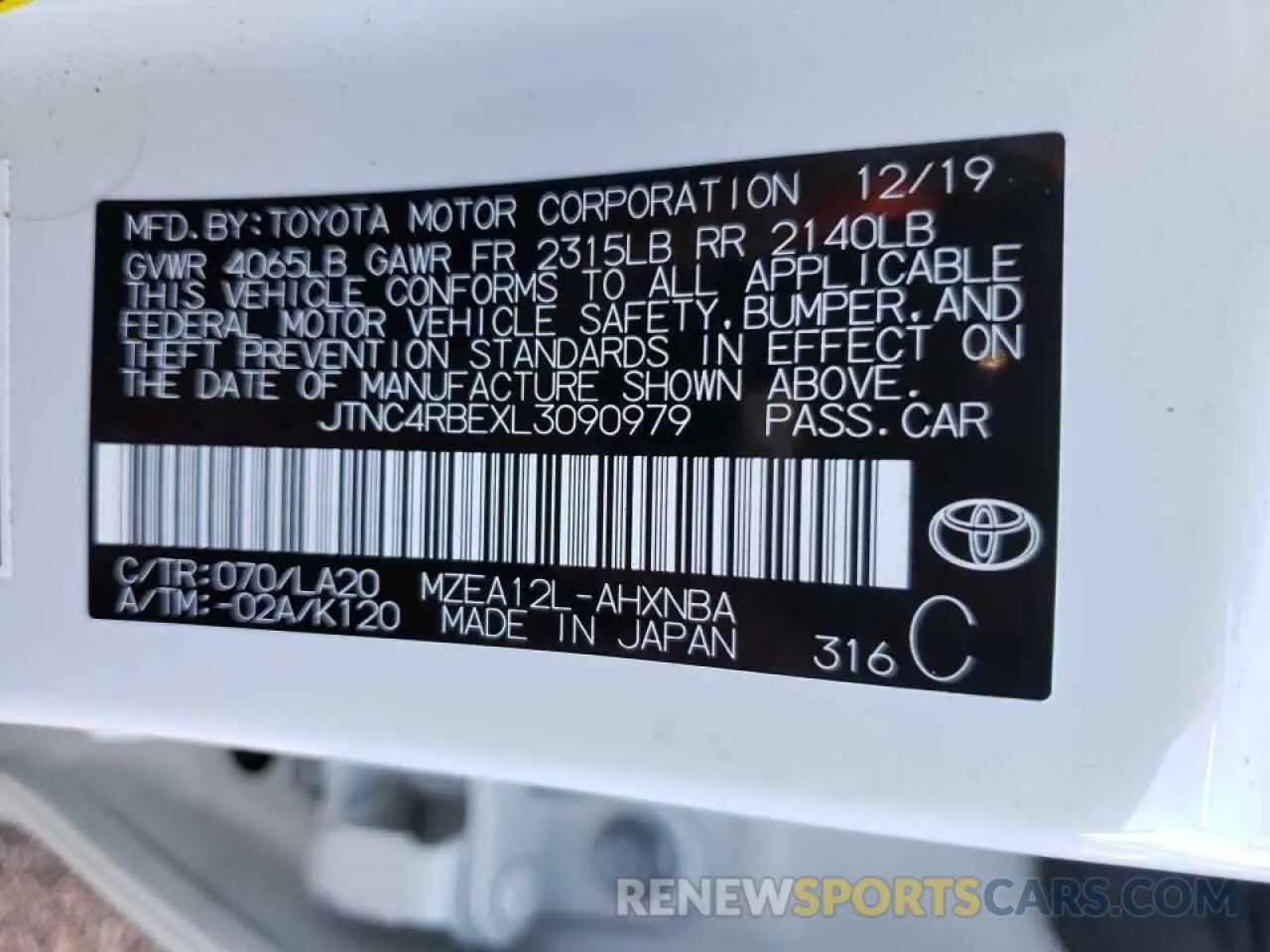 10 fotografías del automóvil dañado JTNC4RBEXL3090979 TOYOTA COROLLA 2020