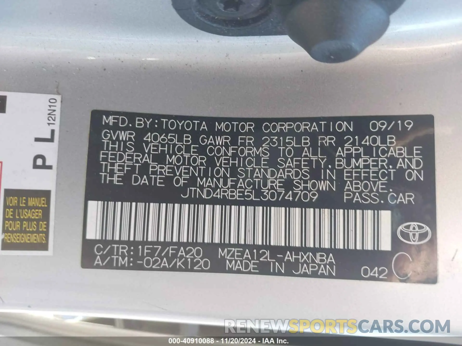 9 fotografías del automóvil dañado JTND4RBE5L3074709 TOYOTA COROLLA 2020