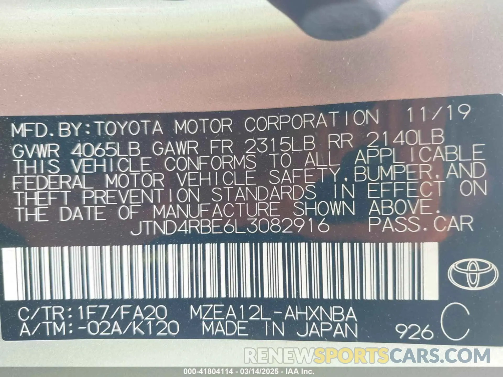 9 fotografías del automóvil dañado JTND4RBE6L3082916 TOYOTA COROLLA 2020