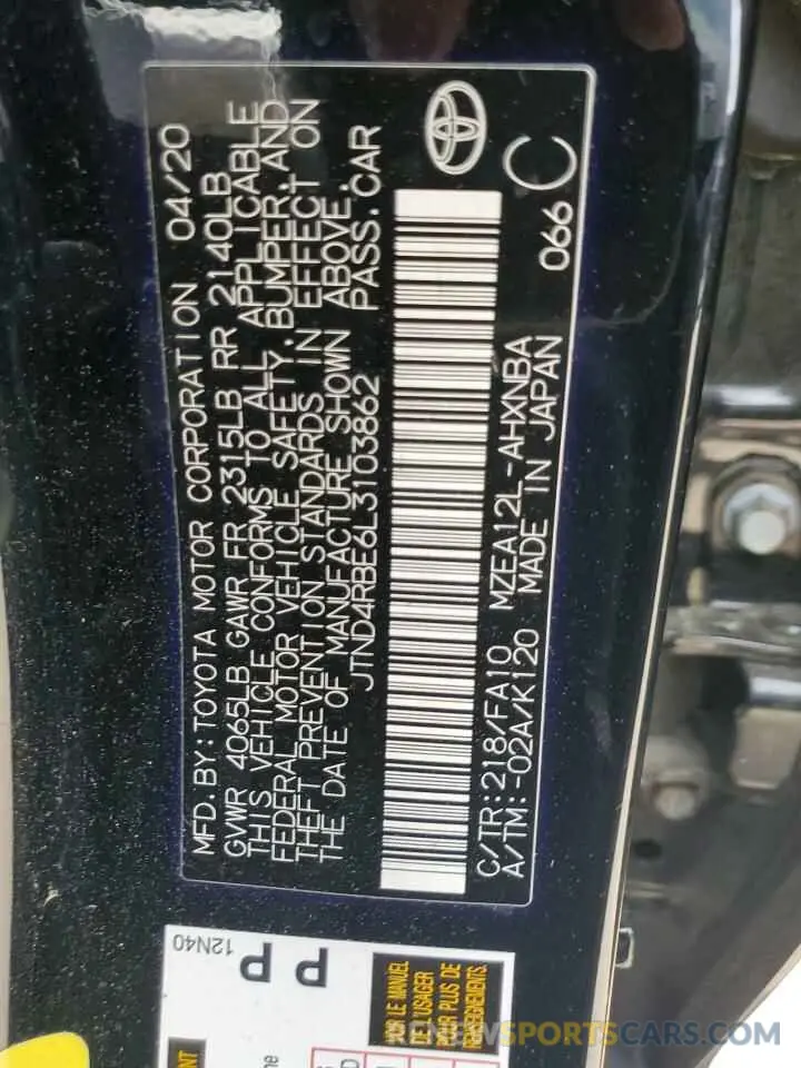 12 fotografías del automóvil dañado JTND4RBE6L3103862 TOYOTA COROLLA 2020