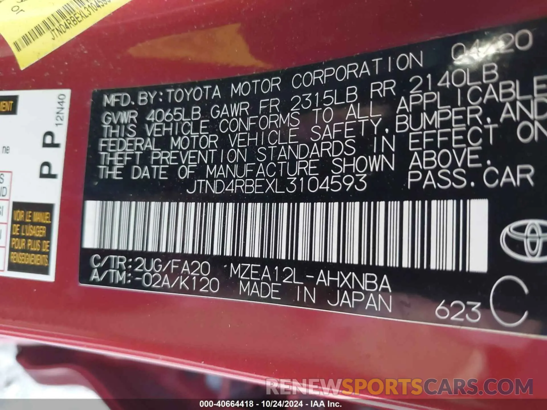 9 fotografías del automóvil dañado JTND4RBEXL3104593 TOYOTA COROLLA 2020