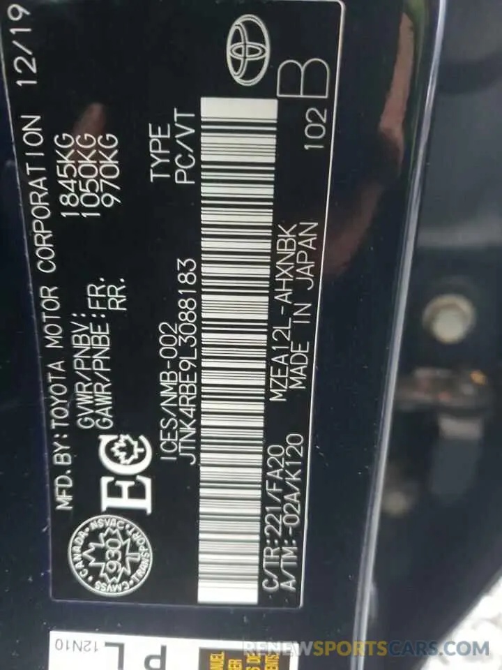 13 fotografías del automóvil dañado JTNK4RBE9L3088183 TOYOTA COROLLA 2020