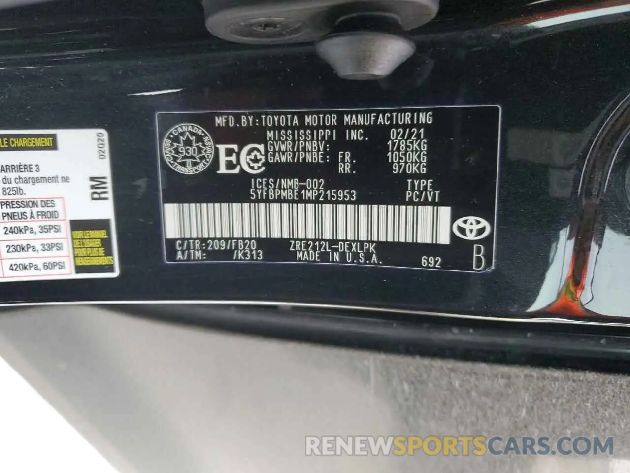 12 fotografías del automóvil dañado 5YFBPMBE1MP215953 TOYOTA COROLLA 2021