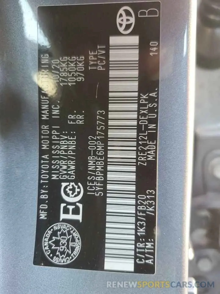 12 fotografías del automóvil dañado 5YFBPMBE6MP175773 TOYOTA COROLLA 2021