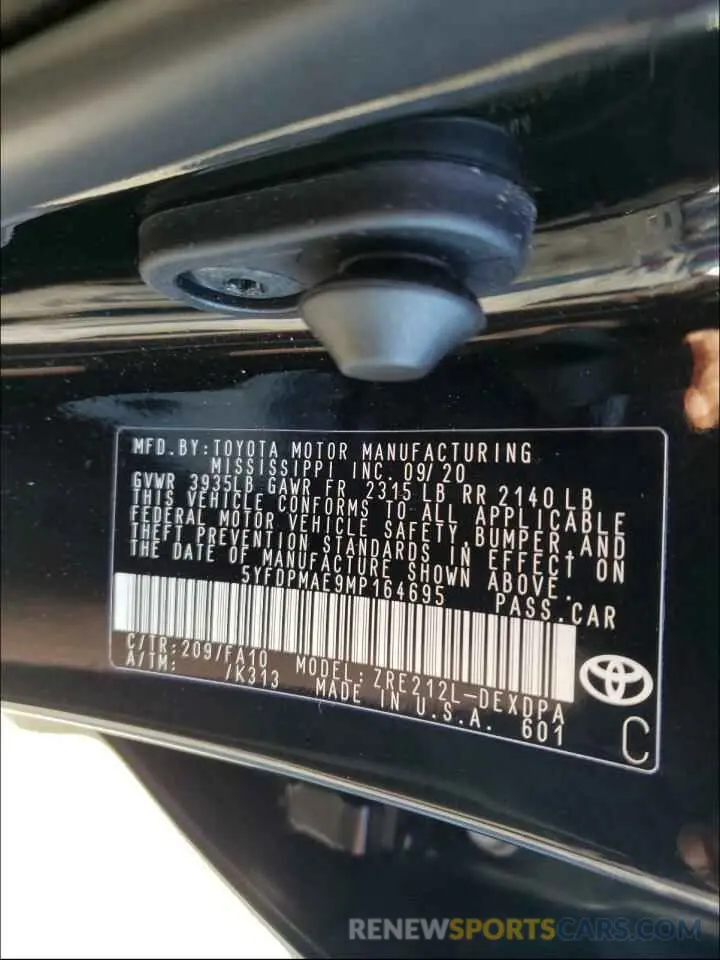 10 fotografías del automóvil dañado 5YFDPMAE9MP164695 TOYOTA COROLLA 2021
