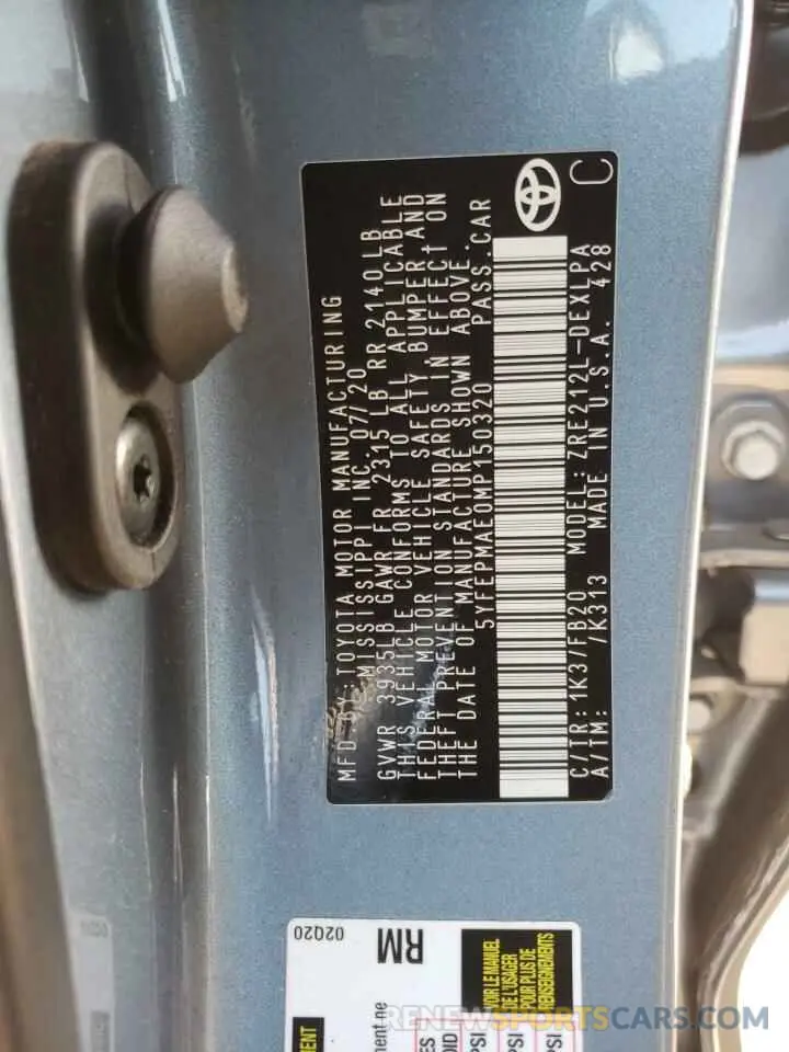 10 fotografías del automóvil dañado 5YFEPMAE0MP150320 TOYOTA COROLLA 2021