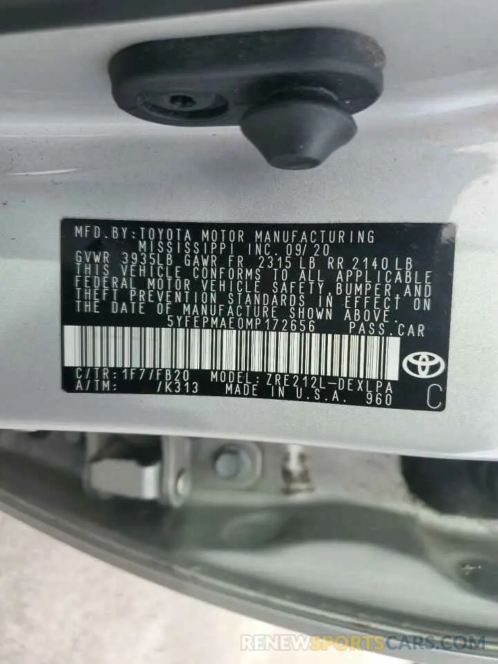 12 fotografías del automóvil dañado 5YFEPMAE0MP172656 TOYOTA COROLLA 2021
