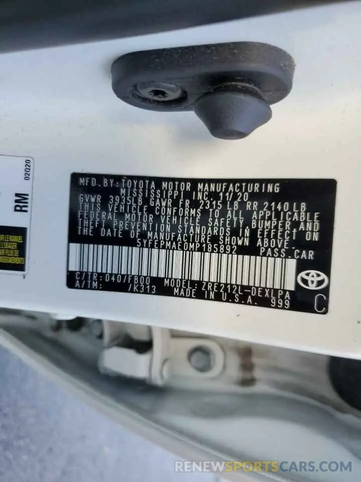 13 fotografías del automóvil dañado 5YFEPMAE0MP185892 TOYOTA COROLLA 2021
