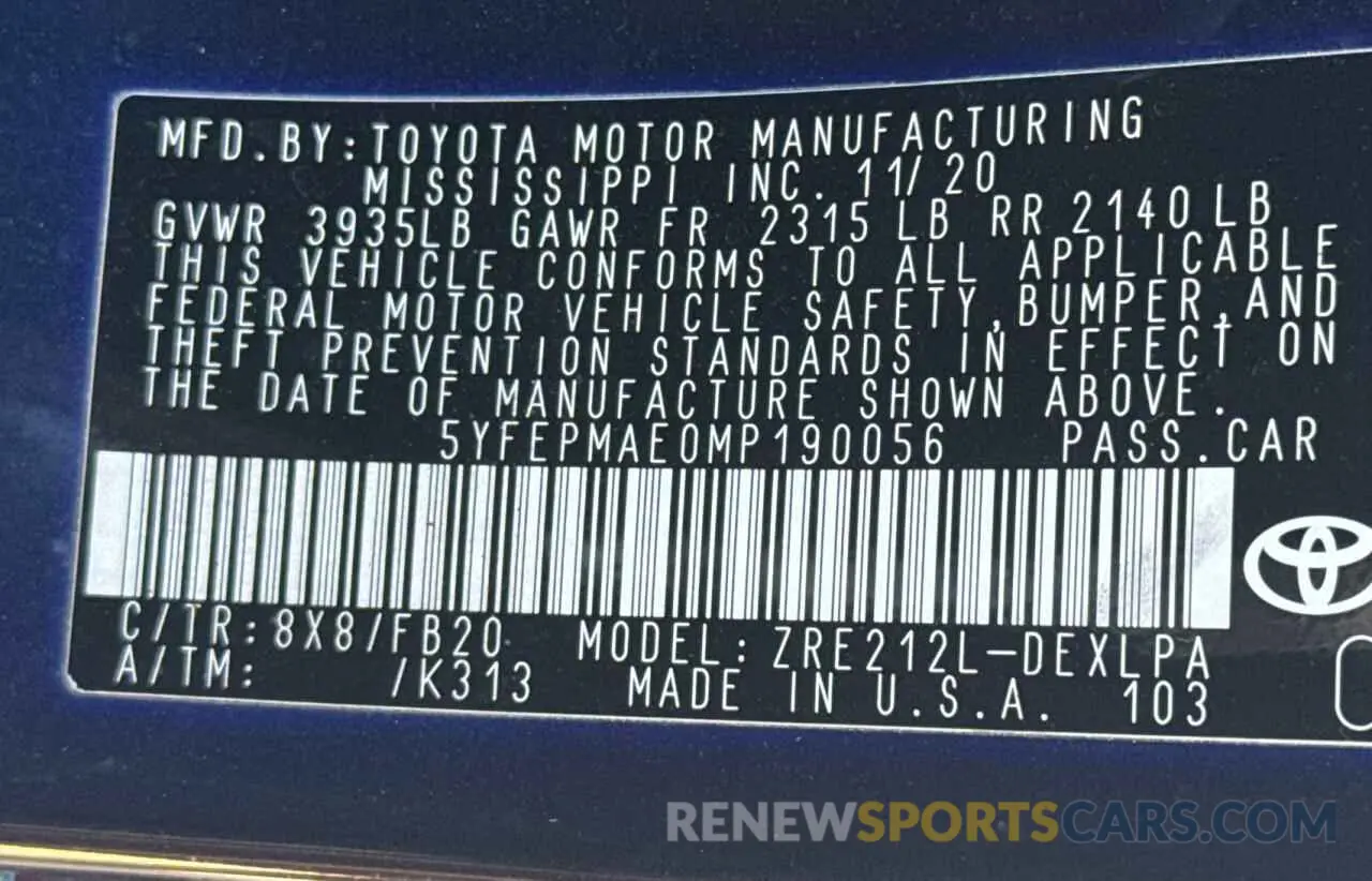 10 fotografías del automóvil dañado 5YFEPMAE0MP190056 TOYOTA COROLLA 2021