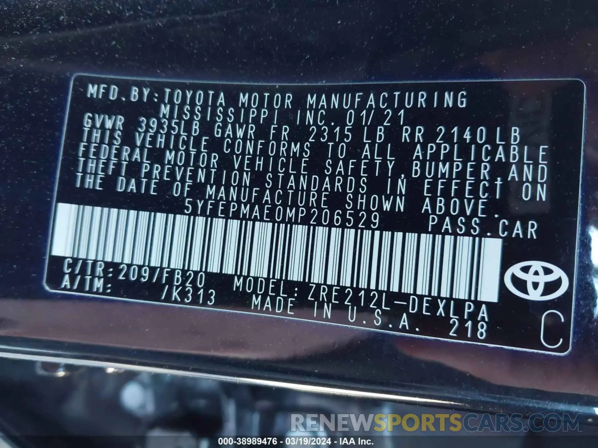9 fotografías del automóvil dañado 5YFEPMAE0MP206529 TOYOTA COROLLA 2021