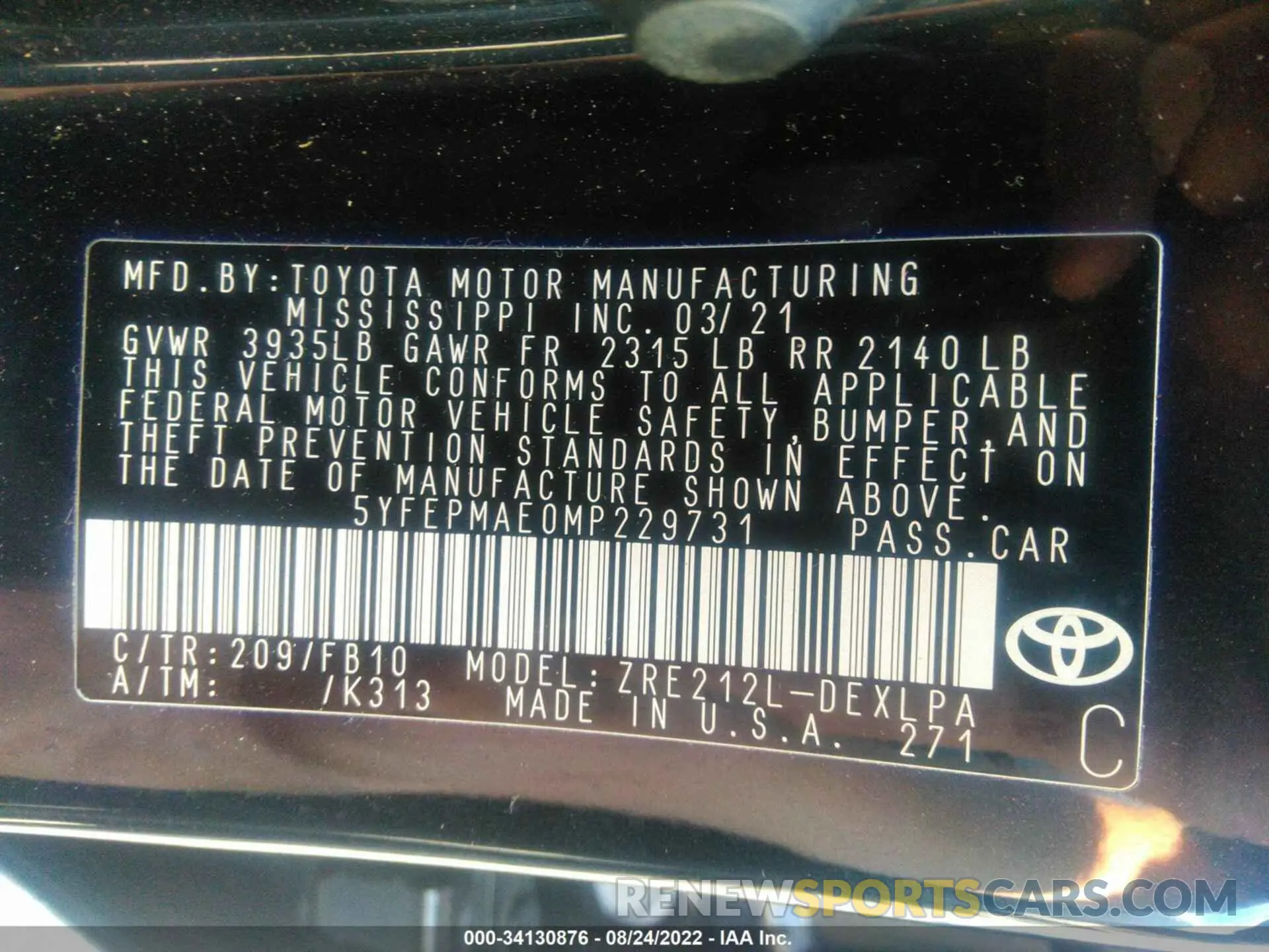 9 fotografías del automóvil dañado 5YFEPMAE0MP229731 TOYOTA COROLLA 2021