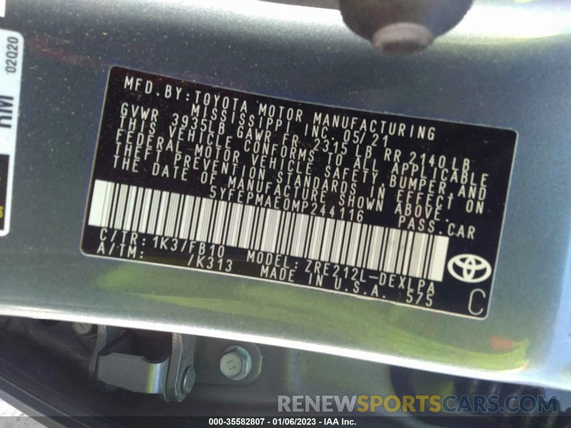 9 fotografías del automóvil dañado 5YFEPMAE0MP244116 TOYOTA COROLLA 2021