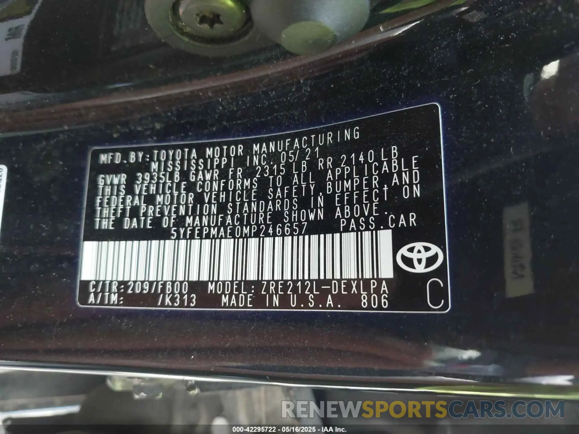 9 fotografías del automóvil dañado 5YFEPMAE0MP246657 TOYOTA COROLLA 2021