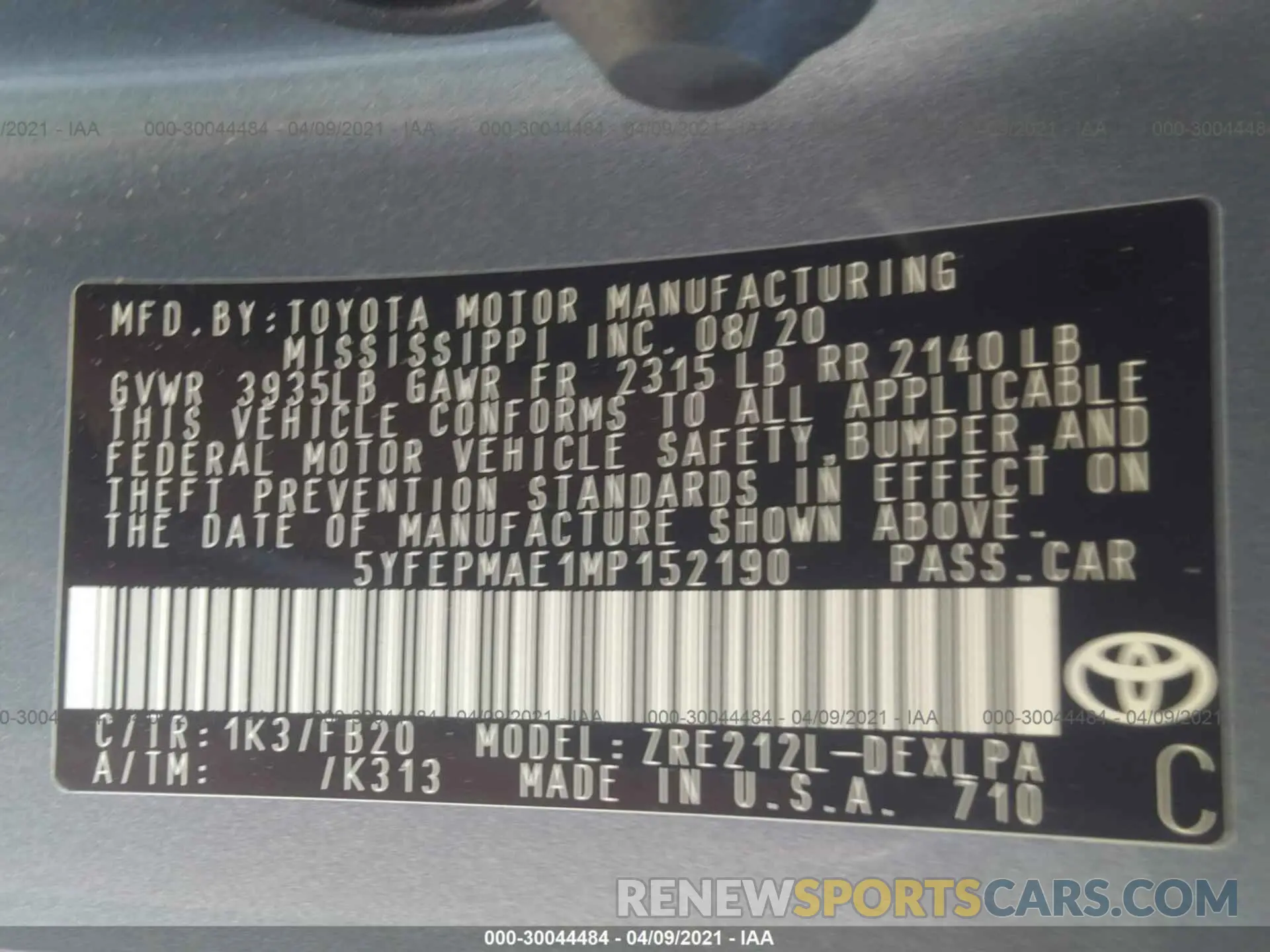 9 fotografías del automóvil dañado 5YFEPMAE1MP152190 TOYOTA COROLLA 2021