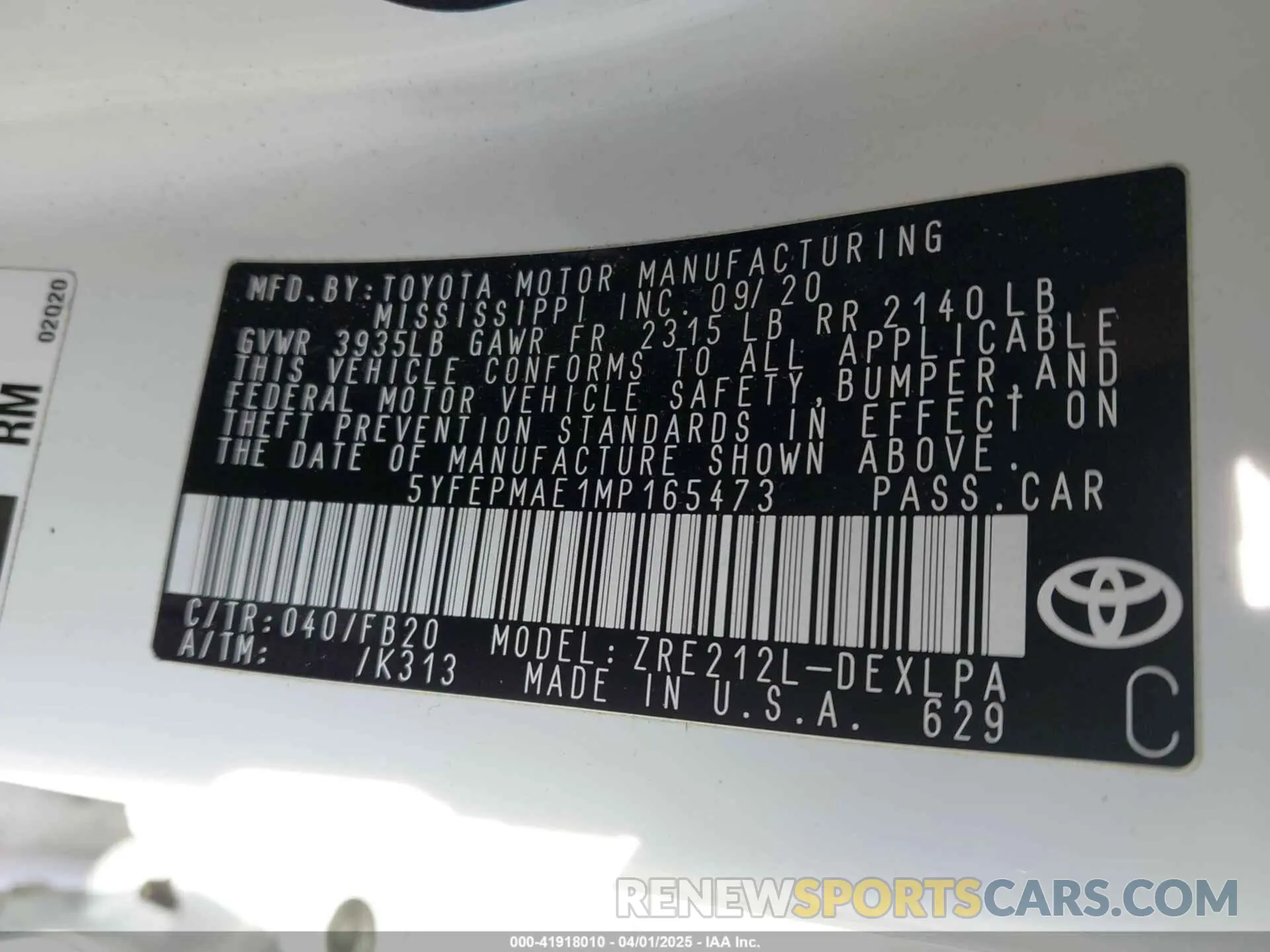 9 fotografías del automóvil dañado 5YFEPMAE1MP165473 TOYOTA COROLLA 2021