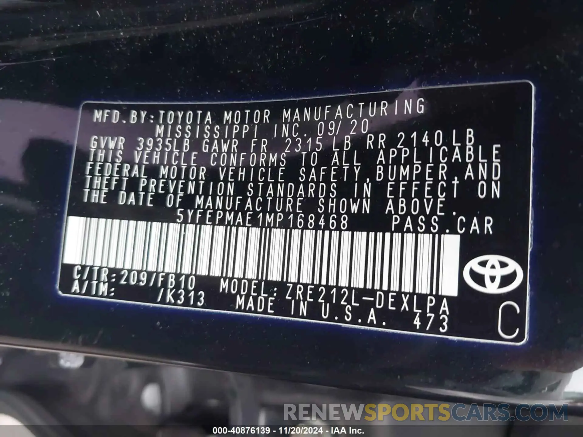 9 fotografías del automóvil dañado 5YFEPMAE1MP168468 TOYOTA COROLLA 2021