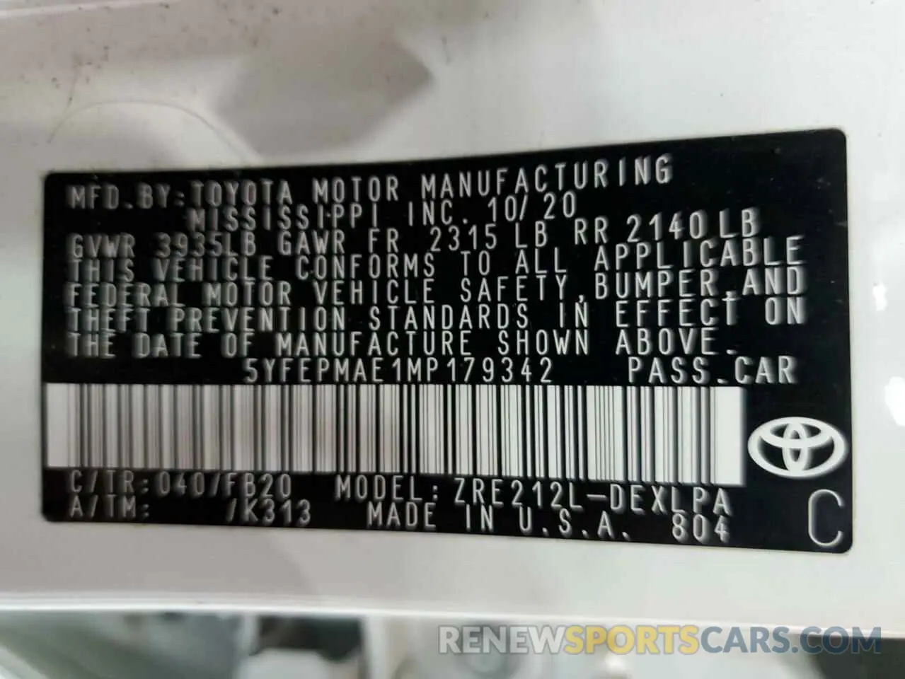 10 fotografías del automóvil dañado 5YFEPMAE1MP179342 TOYOTA COROLLA 2021