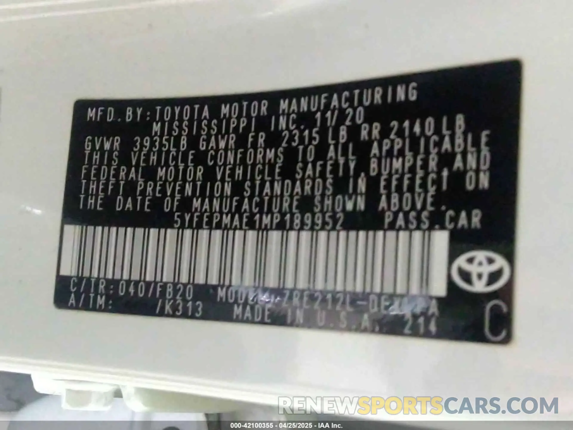 9 fotografías del automóvil dañado 5YFEPMAE1MP189952 TOYOTA COROLLA 2021