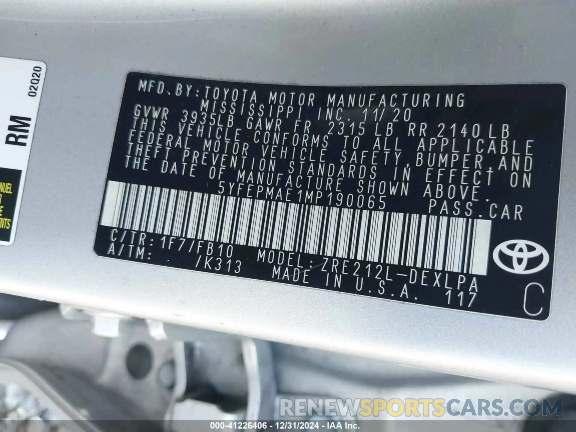 9 fotografías del automóvil dañado 5YFEPMAE1MP190065 TOYOTA COROLLA 2021
