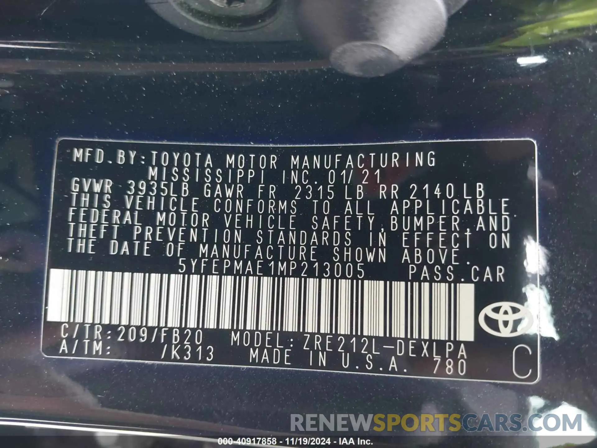 9 fotografías del automóvil dañado 5YFEPMAE1MP213005 TOYOTA COROLLA 2021