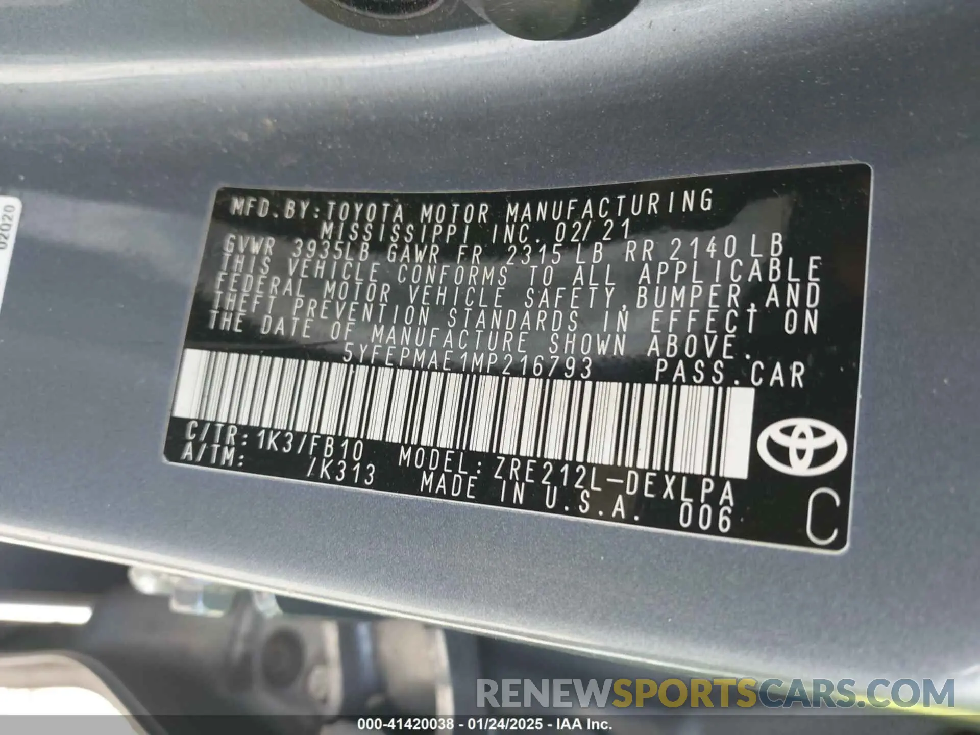 9 fotografías del automóvil dañado 5YFEPMAE1MP216793 TOYOTA COROLLA 2021