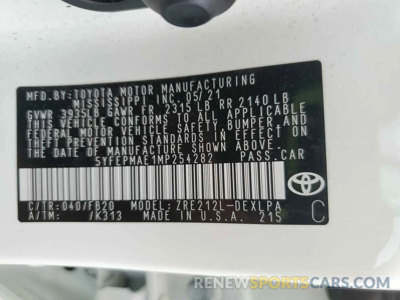 12 fotografías del automóvil dañado 5YFEPMAE1MP254282 TOYOTA COROLLA 2021