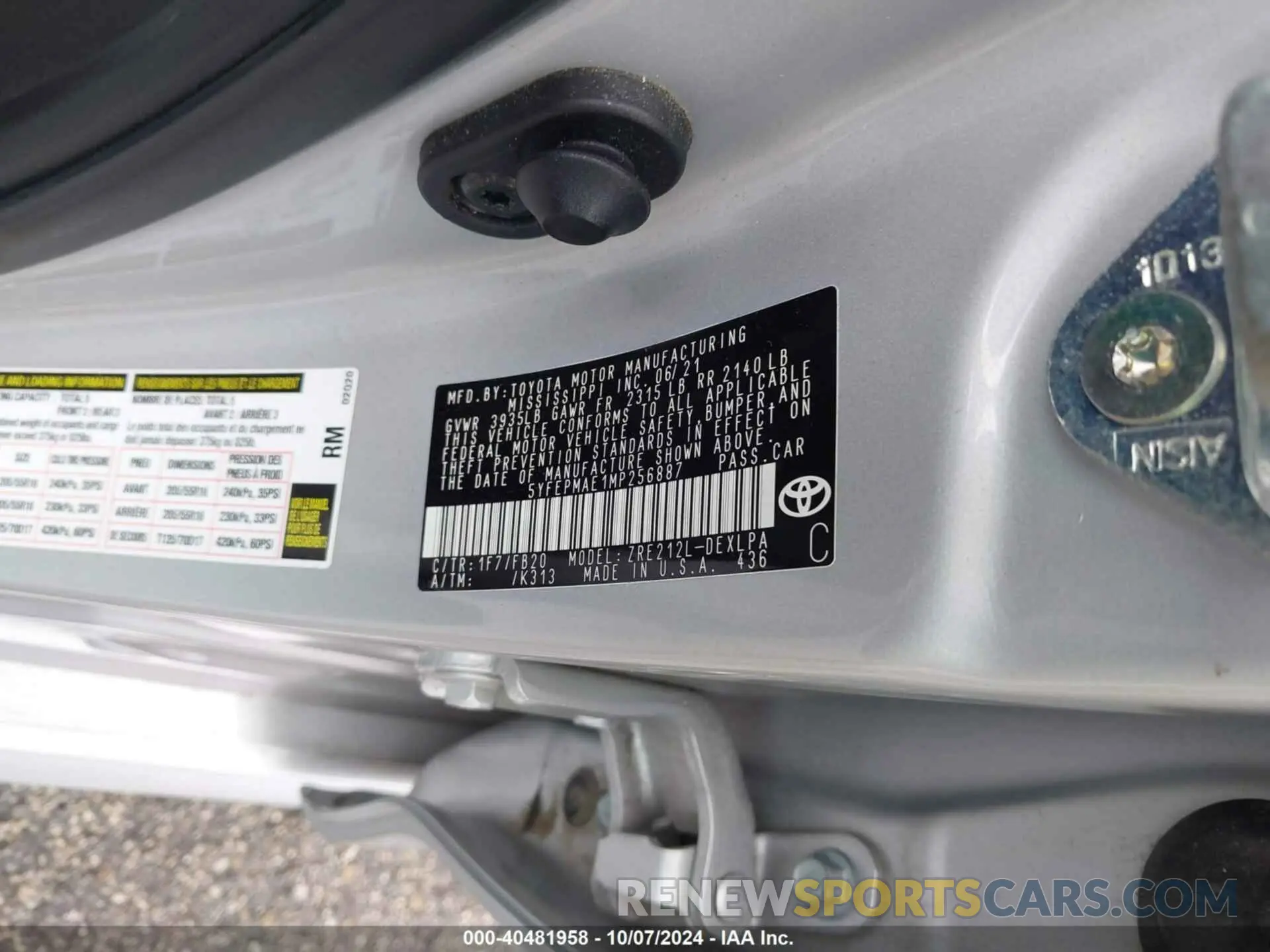9 fotografías del automóvil dañado 5YFEPMAE1MP256887 TOYOTA COROLLA 2021
