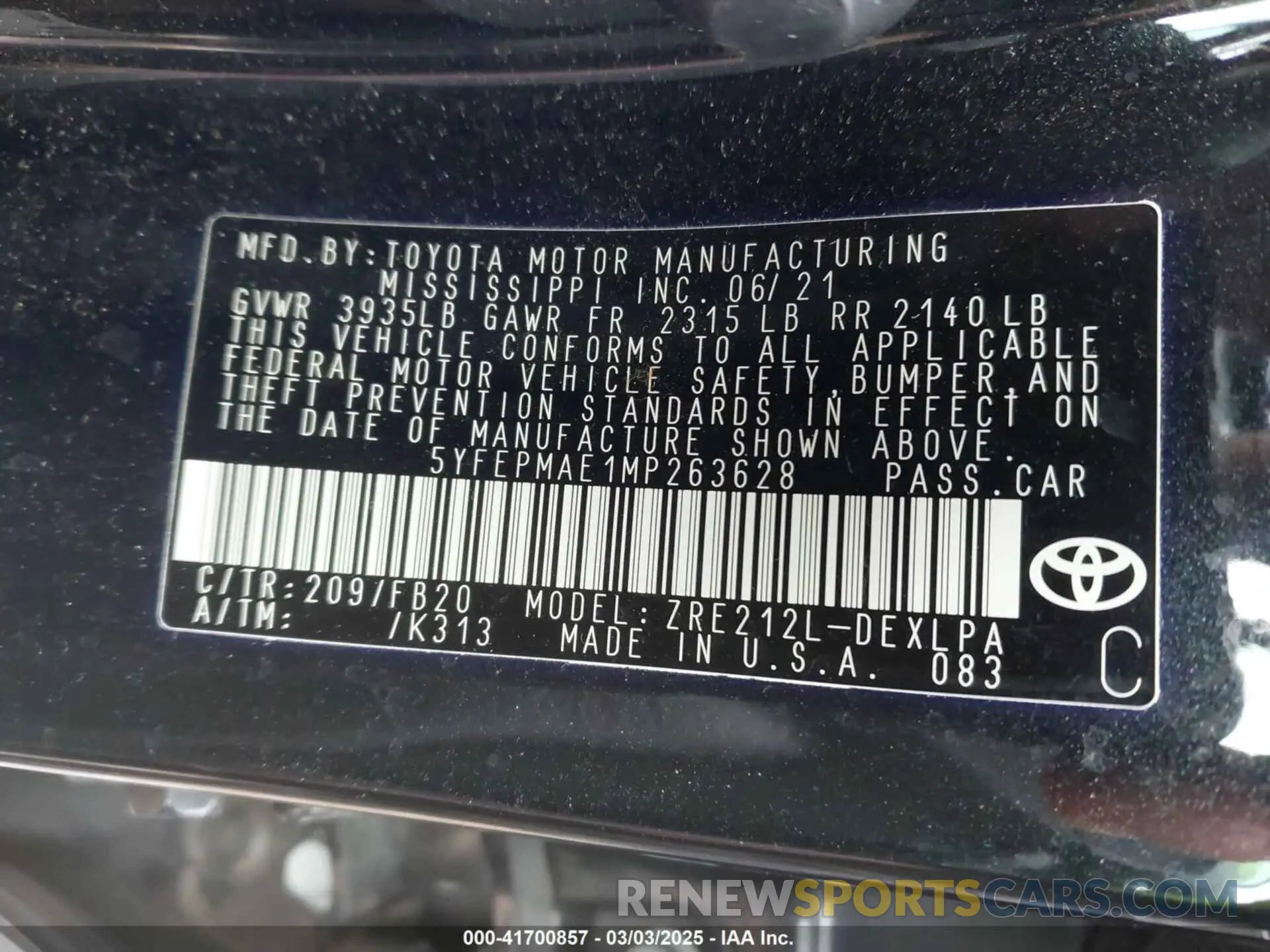 9 fotografías del automóvil dañado 5YFEPMAE1MP263628 TOYOTA COROLLA 2021