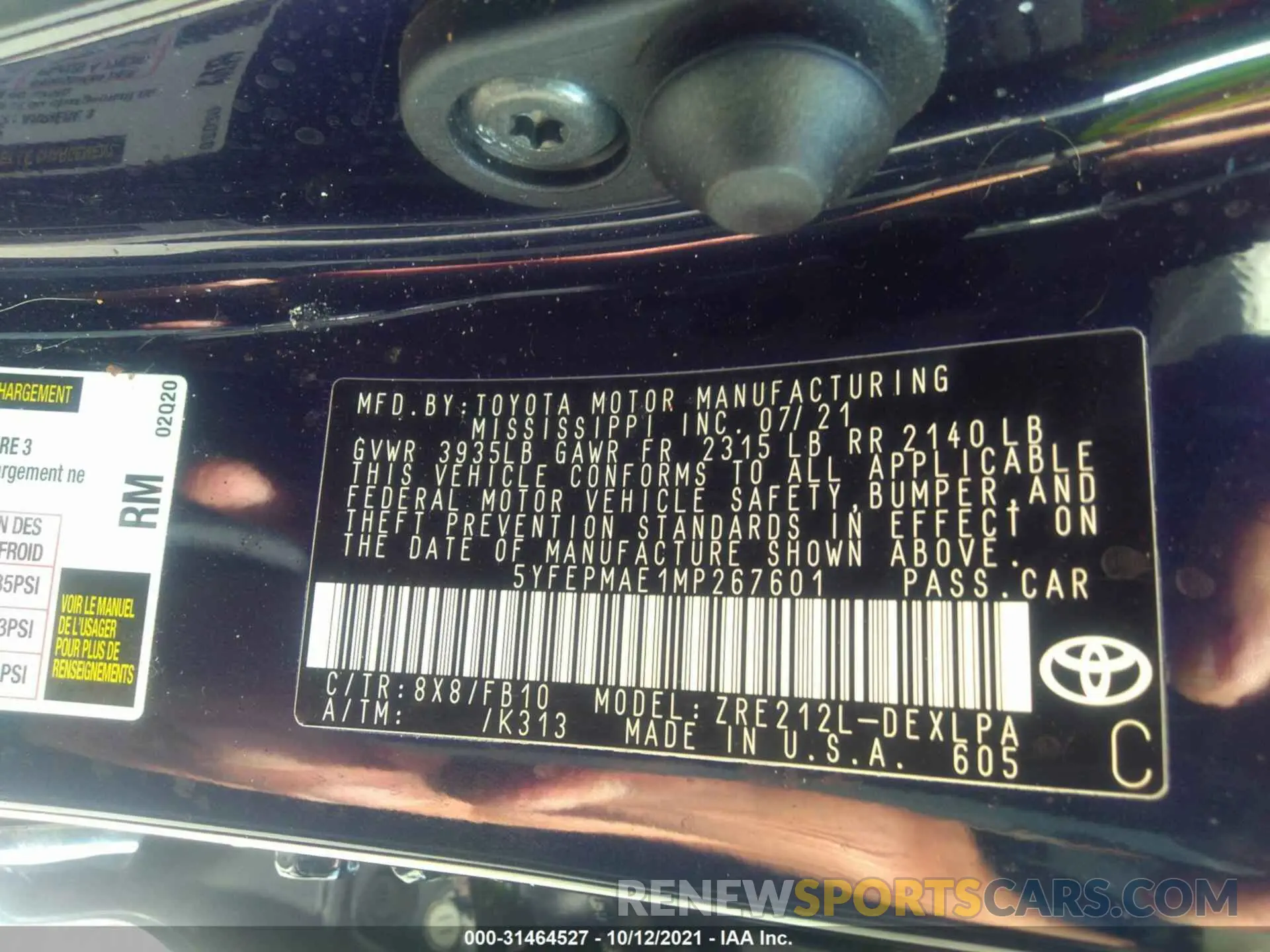 9 fotografías del automóvil dañado 5YFEPMAE1MP267601 TOYOTA COROLLA 2021