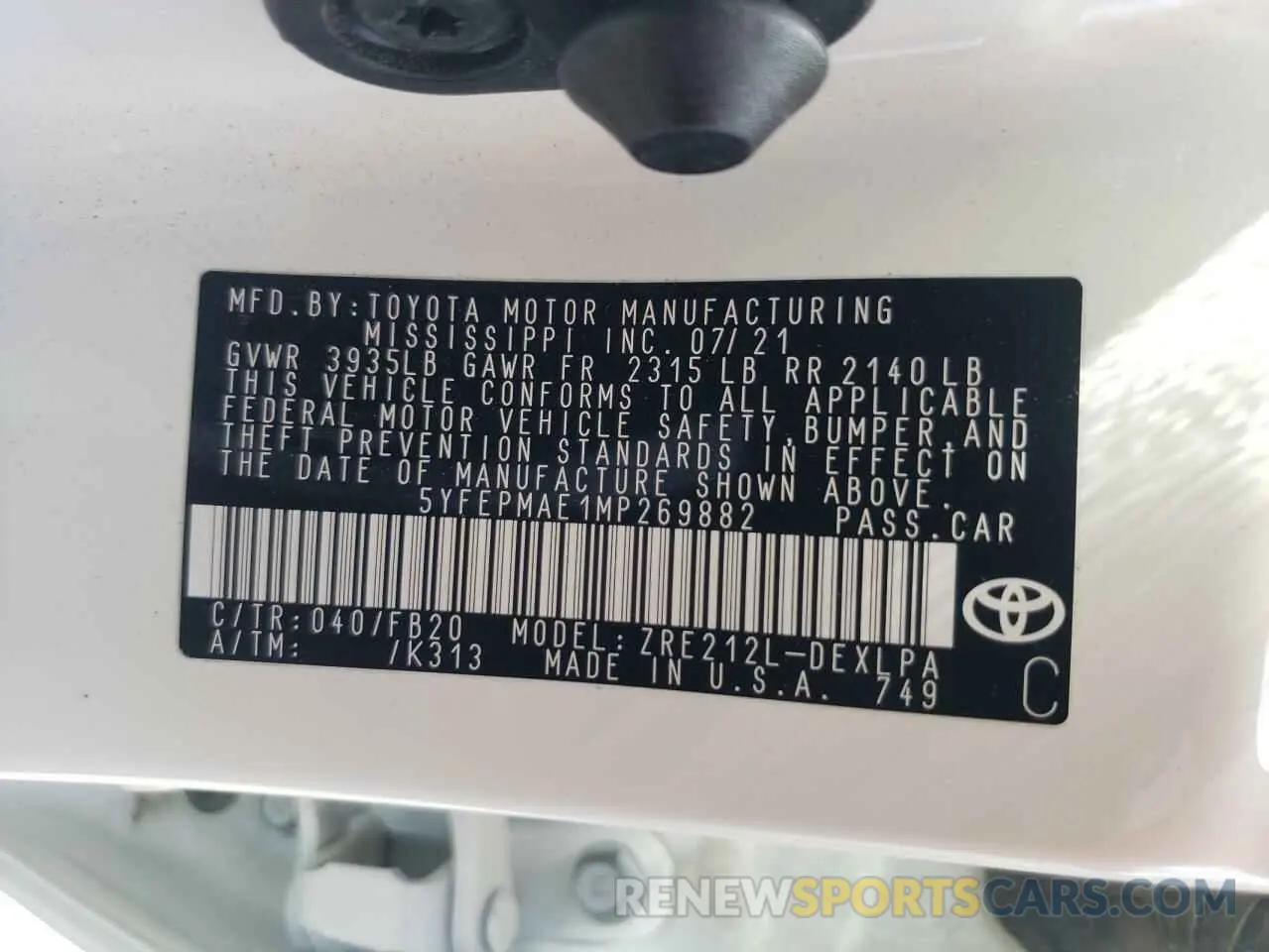 10 fotografías del automóvil dañado 5YFEPMAE1MP269882 TOYOTA COROLLA 2021