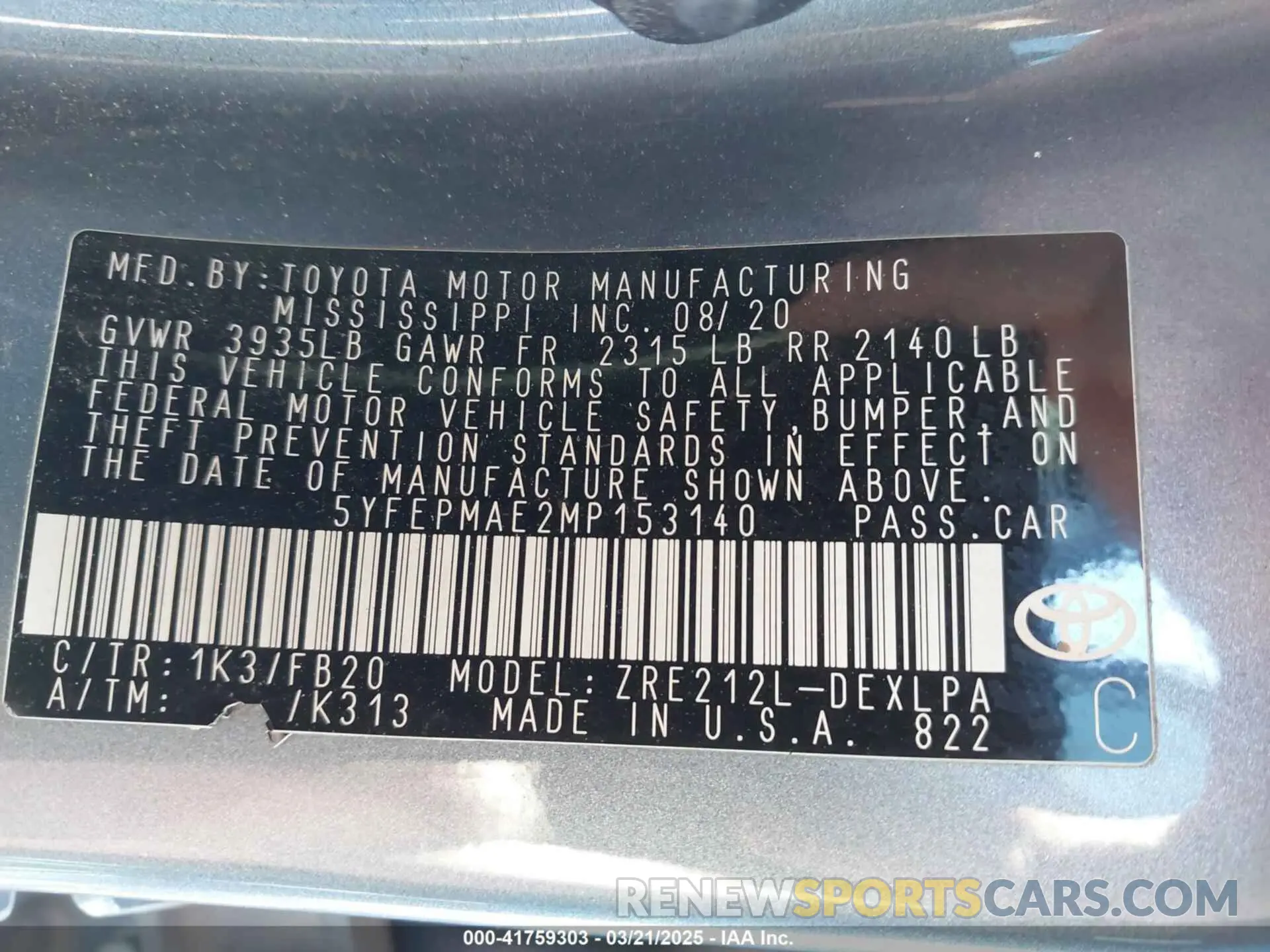 9 fotografías del automóvil dañado 5YFEPMAE2MP153140 TOYOTA COROLLA 2021