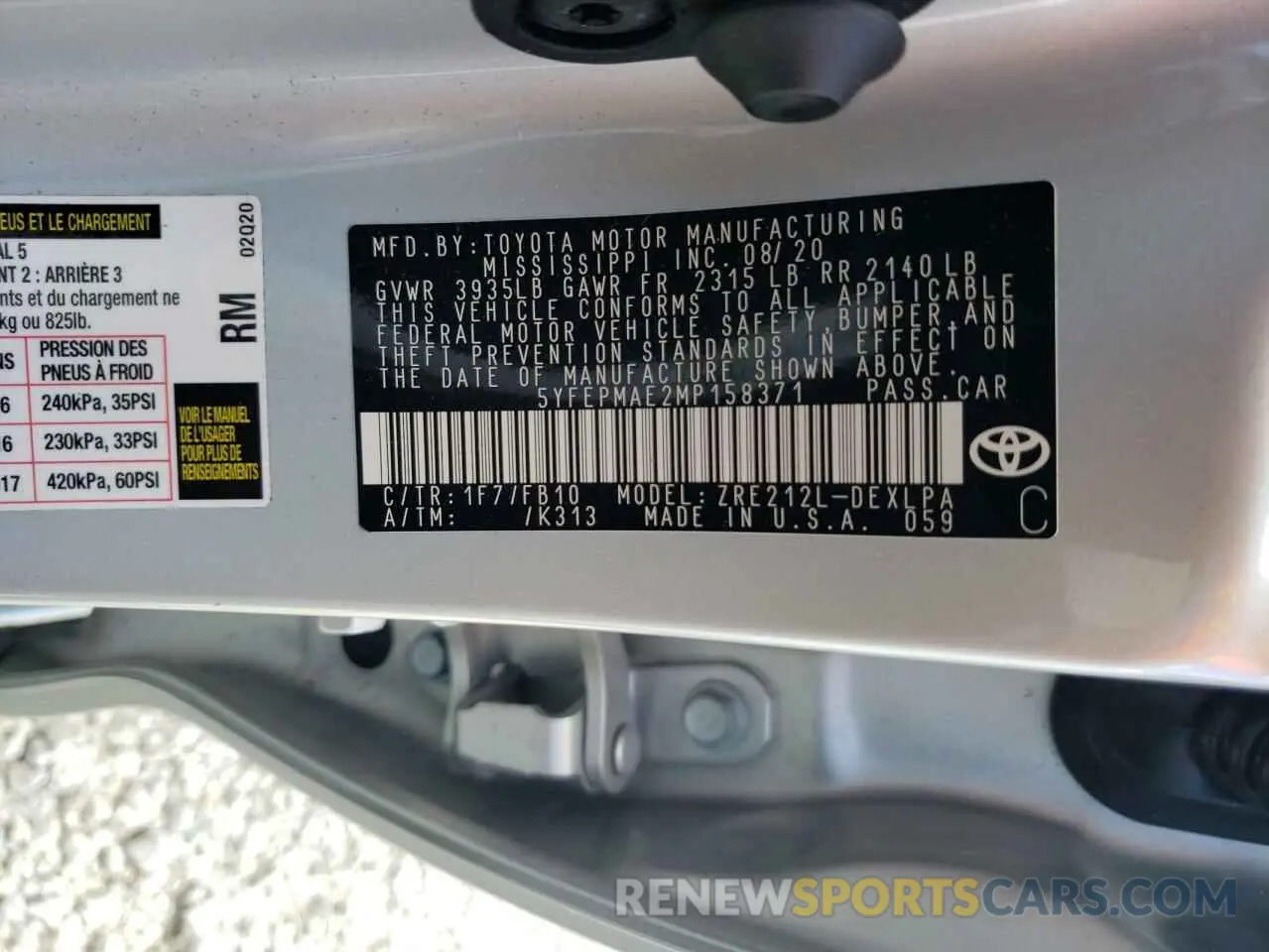 10 fotografías del automóvil dañado 5YFEPMAE2MP158371 TOYOTA COROLLA 2021