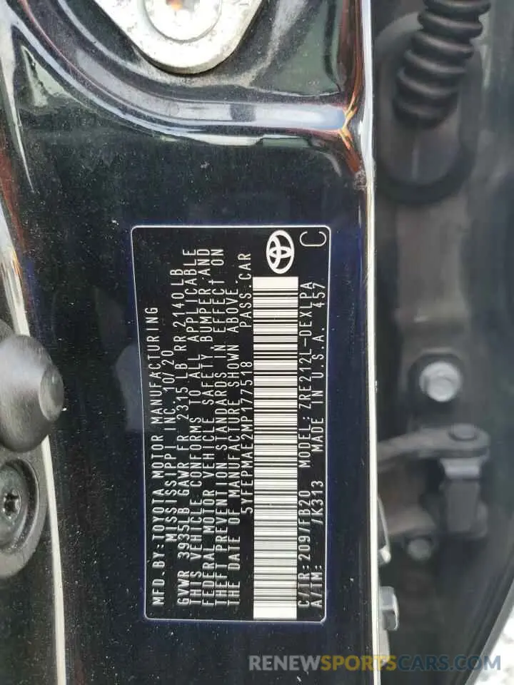 12 fotografías del automóvil dañado 5YFEPMAE2MP177518 TOYOTA COROLLA 2021