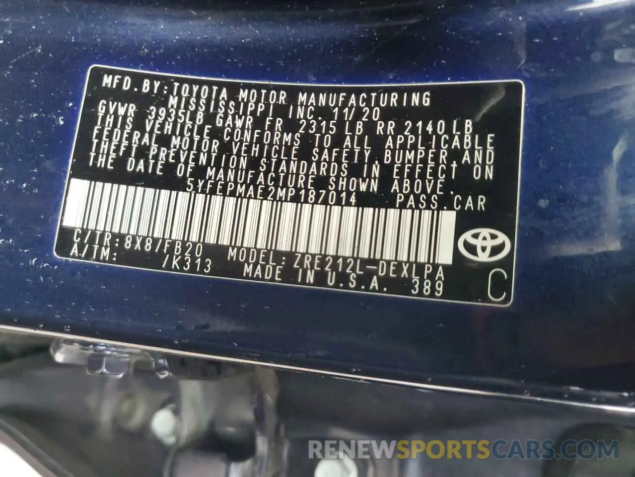 12 fotografías del automóvil dañado 5YFEPMAE2MP187014 TOYOTA COROLLA 2021